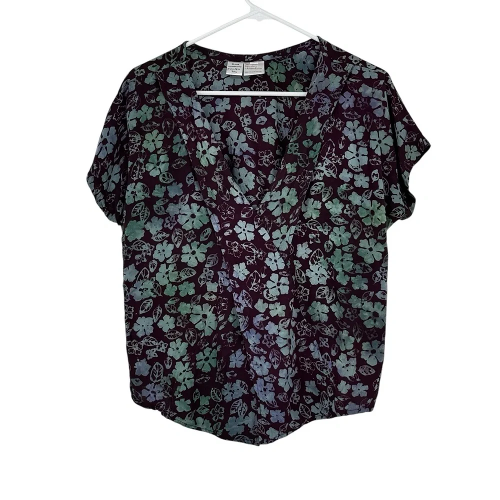 The Legendary Zamboanga Size Small Purple/Blue Rayon Batik Faux Wrap SS Top